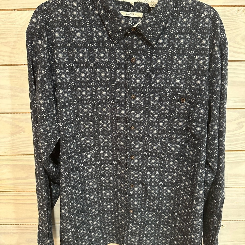 Blue Casual Button Down Shirt with Geometric Pattern
